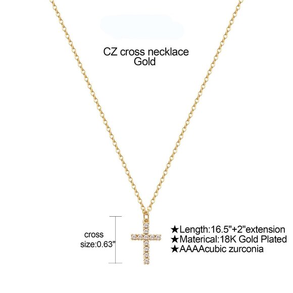 3/$35 18K Gold Plated Diamond Copper Cross Cubic Zirconia CZ Pendant Necklace - Picture 4 of 9